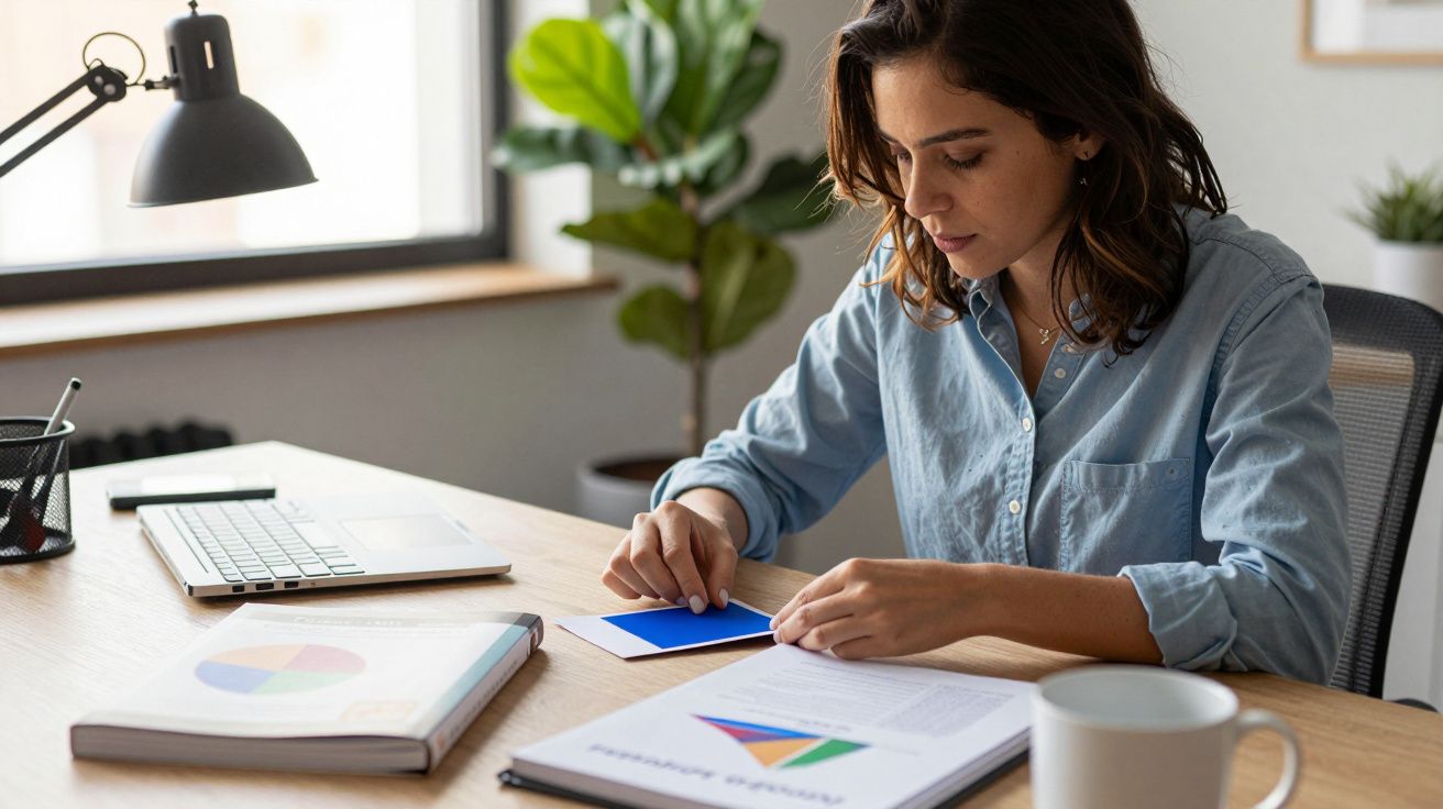 Mulher com camisa azul trabalha em escritório, com laptop e documentos na mesa.