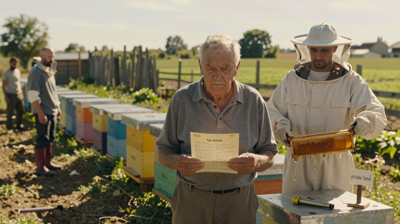 Idoso lê carta junto a apicultor recolhendo mel em colmeias coloridas num campo ensolarado.