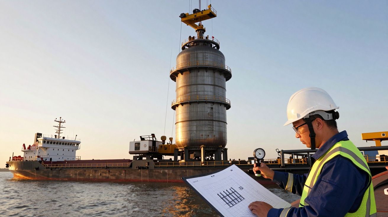 Engenheiro de capacete revisa planos ao lado de grande carregamento cilíndrico em navio no mar ao amanhecer.