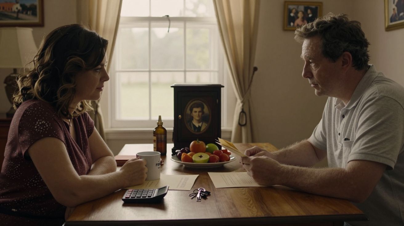 Homem e mulher a conversar numa mesa com documentos, chávena e calculadora; janela e quadro ao fundo.