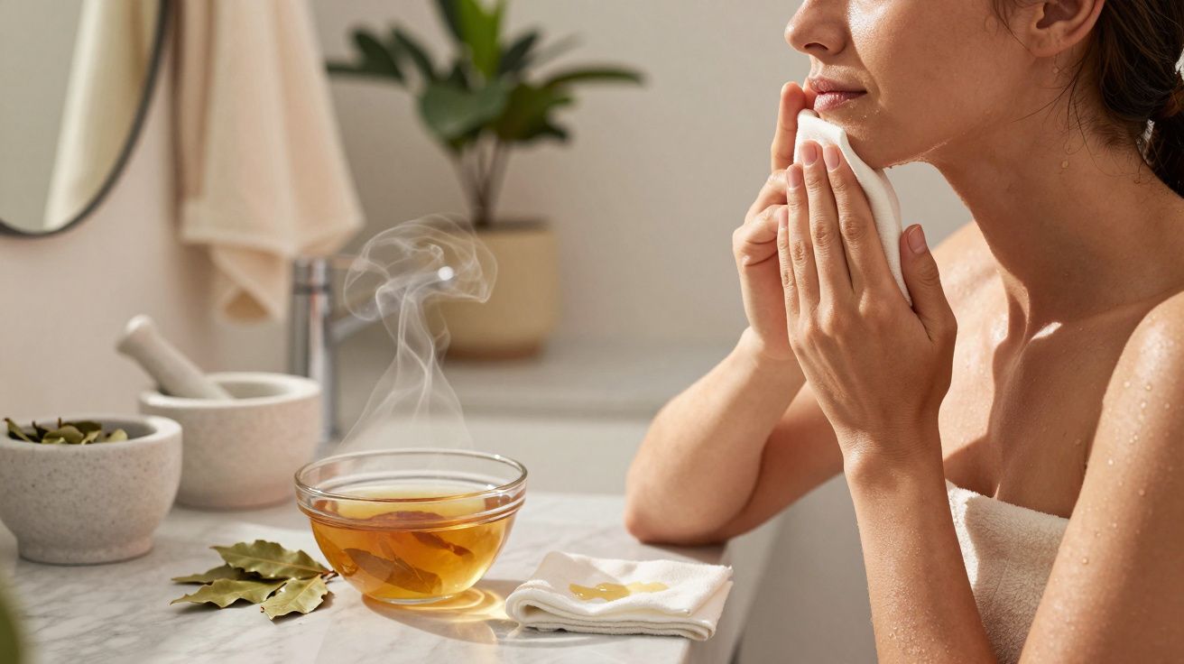 Mulher com toalha limpa o rosto ao lado de uma taça de infusão de ervas numa casa de banho iluminada.