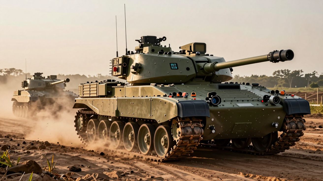 Tanques militares verdes em movimento sobre terreno arenoso ao entardecer, levantando poeira ao seu redor.