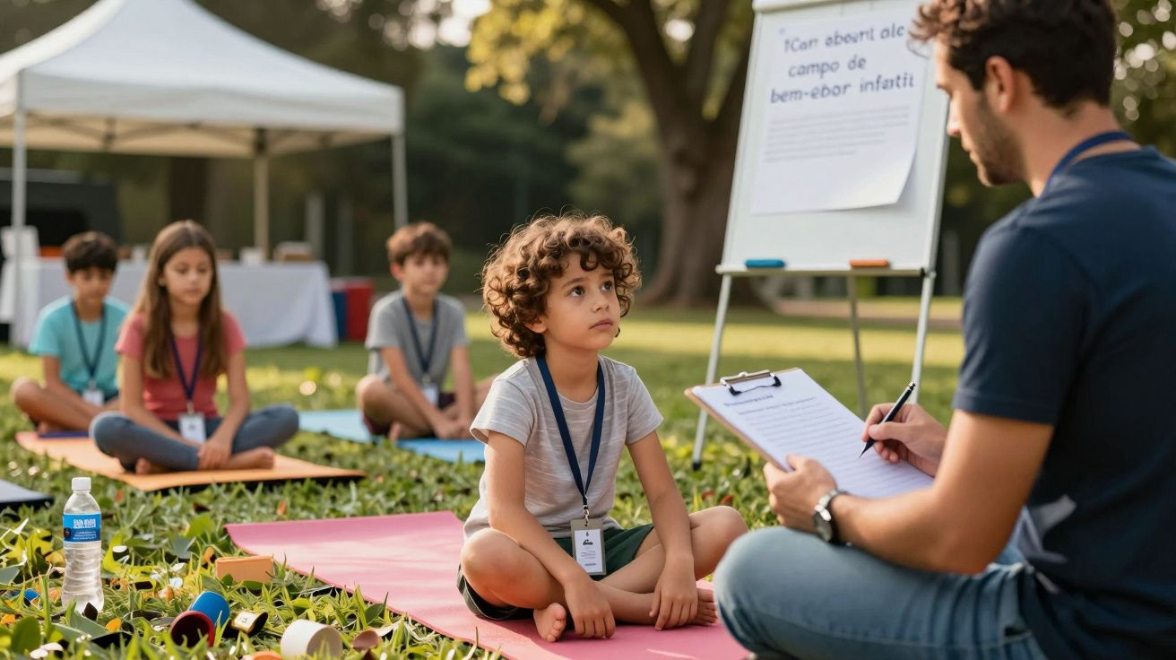 Crianças fazem ioga ao ar livre em tapetes, enquanto um instrutor toma notas ao lado de um quadro branco.
