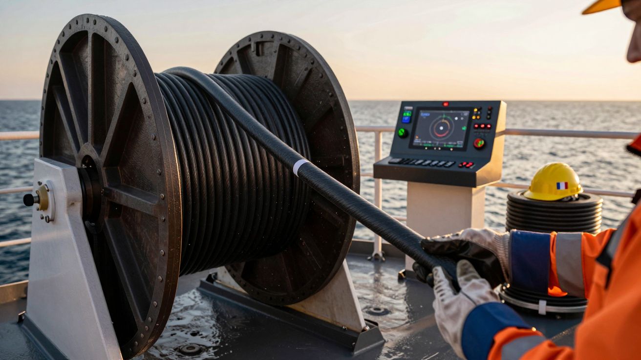 Pessoa manuseia cabo num guincho a bordo de um navio, com mar ao fundo e equipamento de controle ao lado.