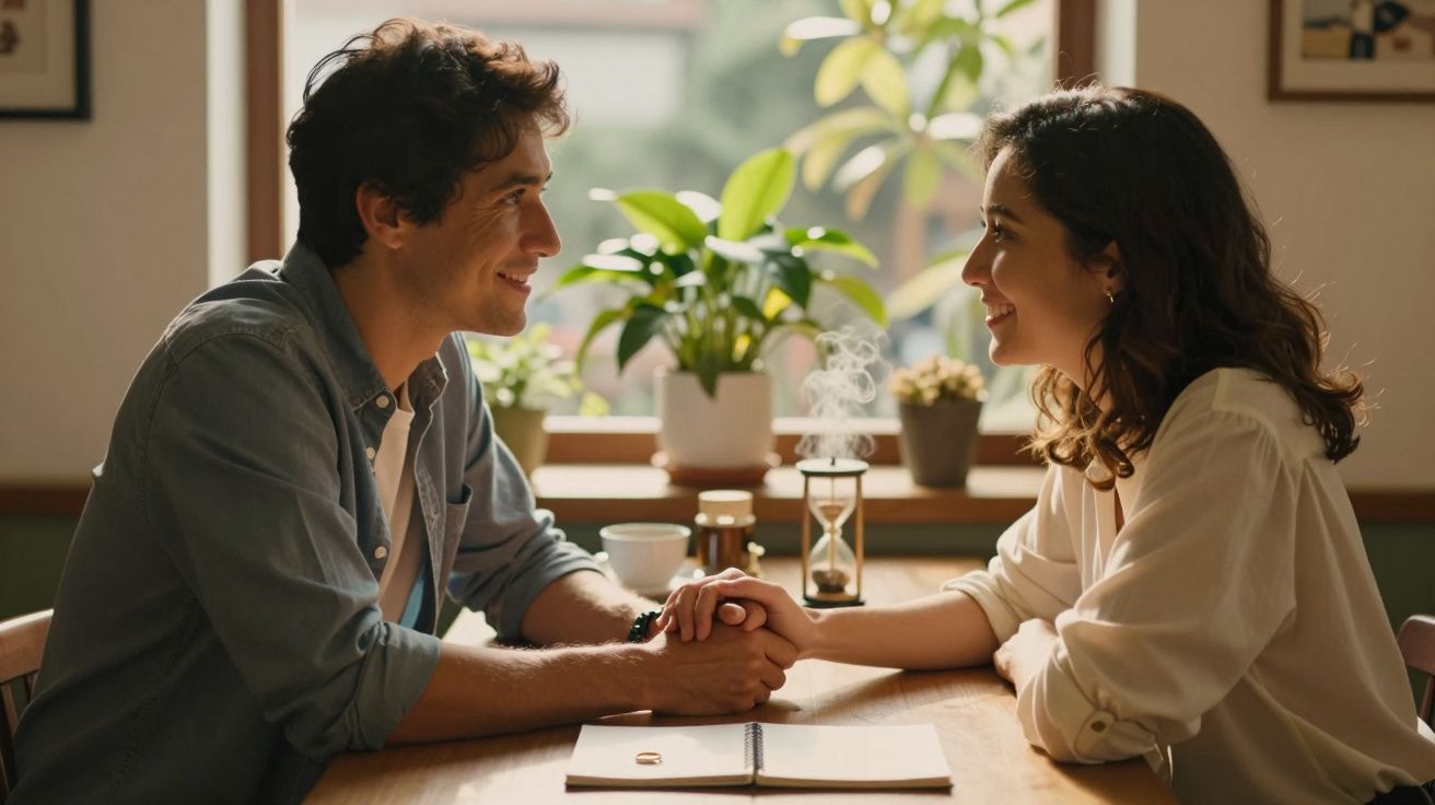 Casal sorrindo sentado frente a frente numa mesa, de mãos dadas, com plantas ao fundo.