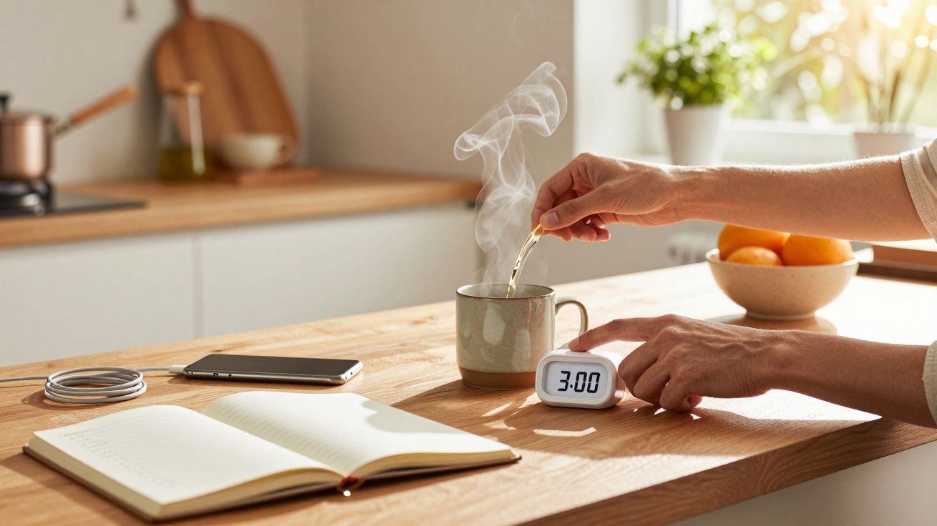 Mãos mexem chá numa caneca fumegante, com relógio a marcar 3:00 em bancada de cozinha, livro e telemóvel ao lado.