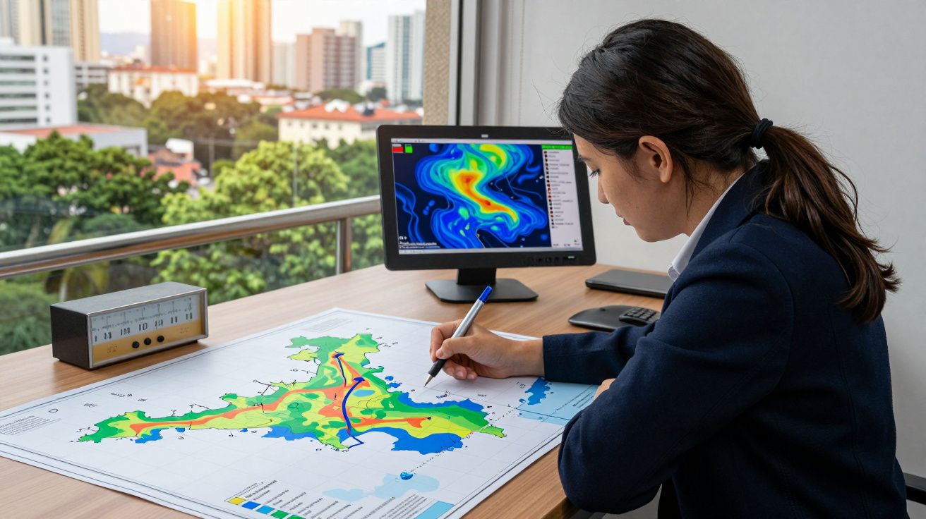 Mulher analisa mapa meteorológico colorido numa mesa com computador e janela ao fundo mostrando a cidade.