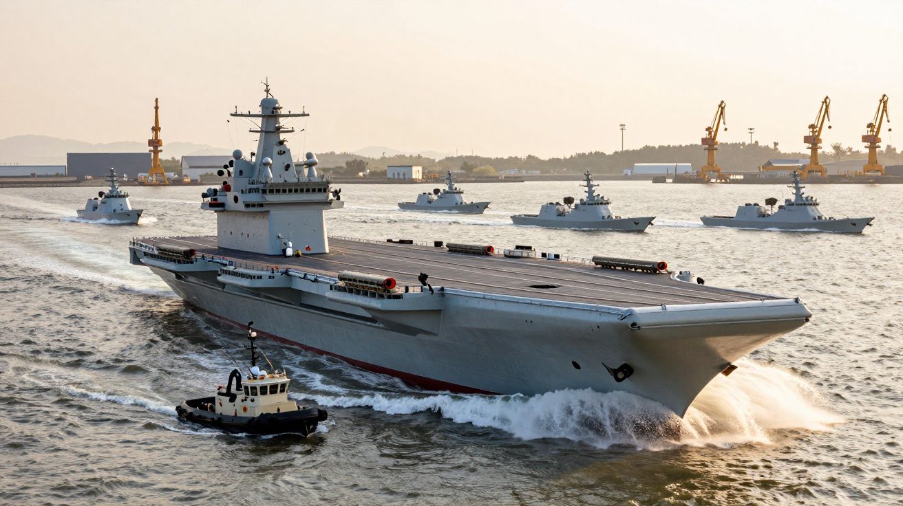 Porta-aviões cinzento escoltado por rebocador e navios em mar calmo, com guindastes ao fundo e céu claro.