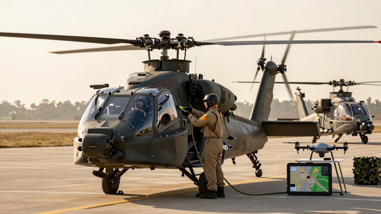 Dois helicópteros militares em pista, um tripulante e um técnico de solo preparam voo, com drone e monitor ao lado.