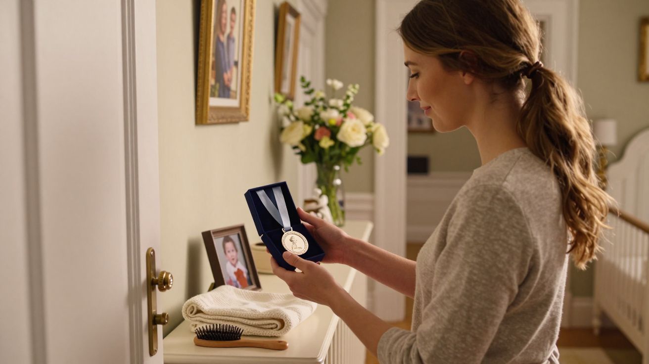 Mulher de cabelo preso examina uma medalha em casa, com fotos e flores ao fundo.