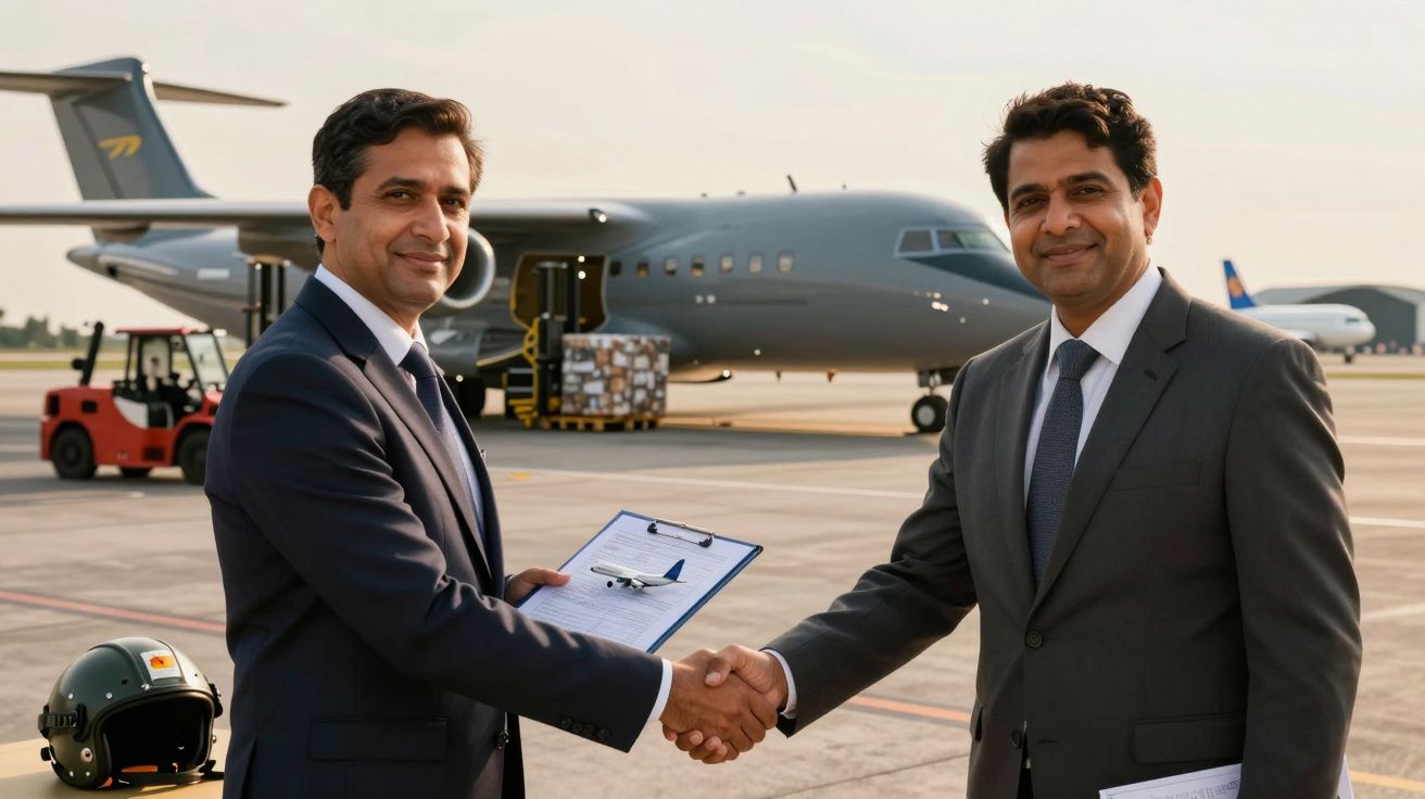 Dois homens de terno apertam as mãos em frente a um jato cinzento na pista, segurando uma prancheta com um modelo de avião.
