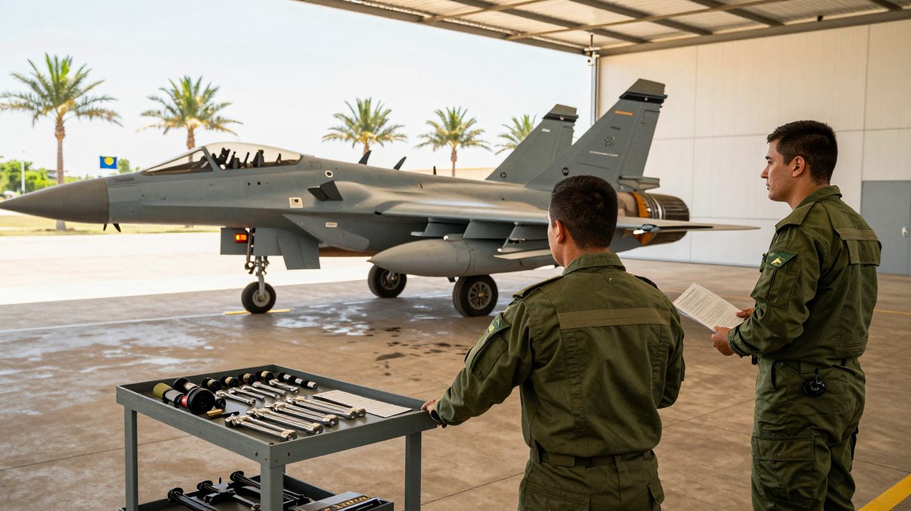 Militares observam jato de combate em hangar, com carrinho de ferramentas em primeiro plano e palmeiras ao fundo.