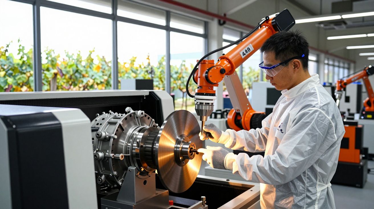 Homem opera máquina CNC com braço robótico em ambiente industrial, vestindo proteção branca e óculos de segurança.