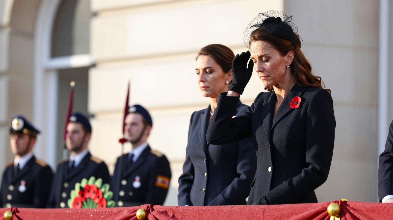 Duas mulheres em traje formal preto prestam homenagem, ladeadas por oficiais militares uniformizados ao fundo.