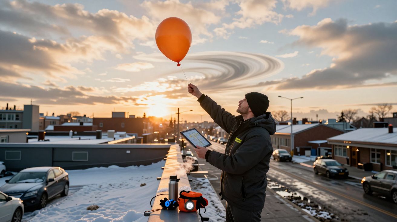 Homem lança balão laranja num telhado coberto de neve ao pôr do sol, com nuvens em espiral no céu.