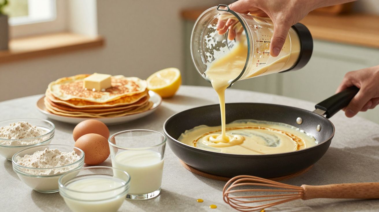 Pessoa a verter massa numa frigideira para panquecas, com ingredientes ao redor e panquecas empilhadas ao fundo.