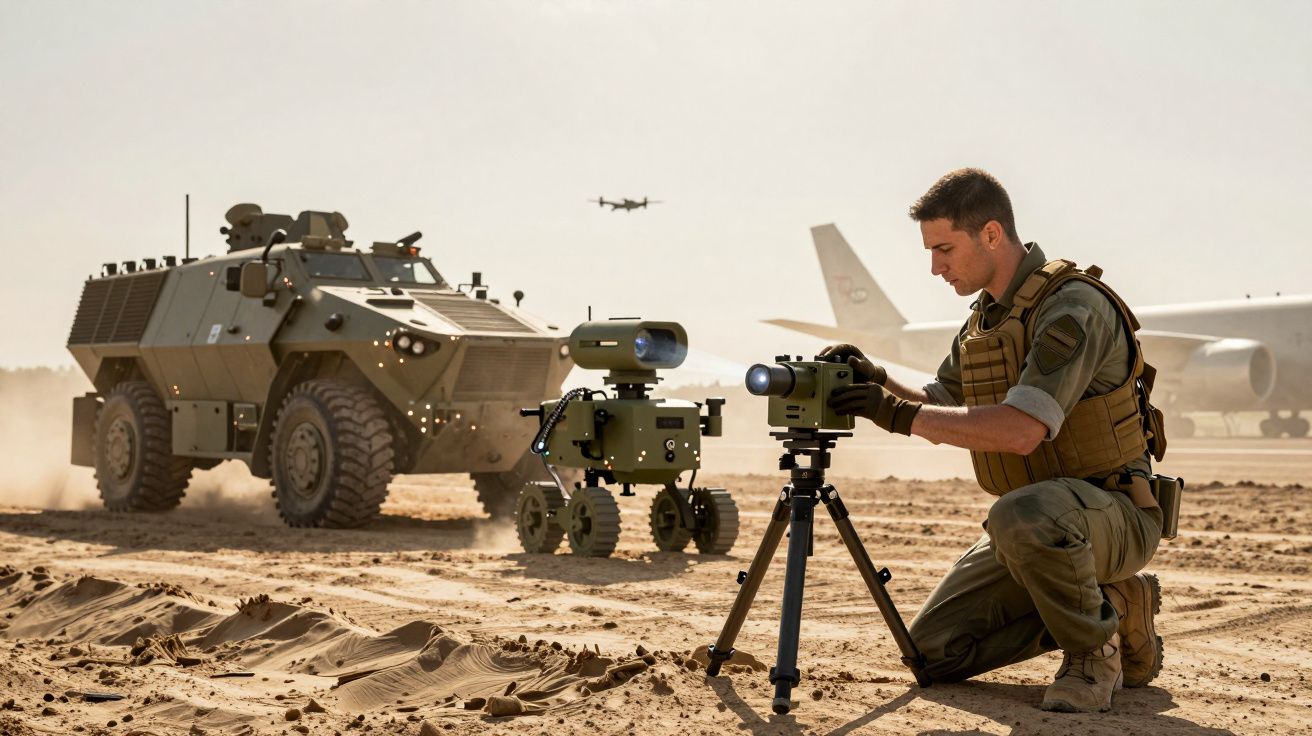 Soldado ajoelhado ajusta dispositivo em tripé no deserto, com veículos militares e drones ao fundo.