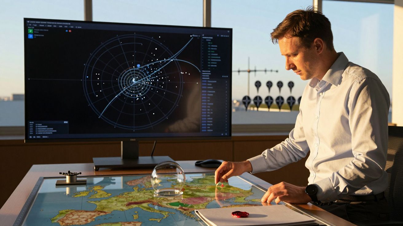 Homem analisa mapa num escritório, com ecrã mostrando gráfico de radar.