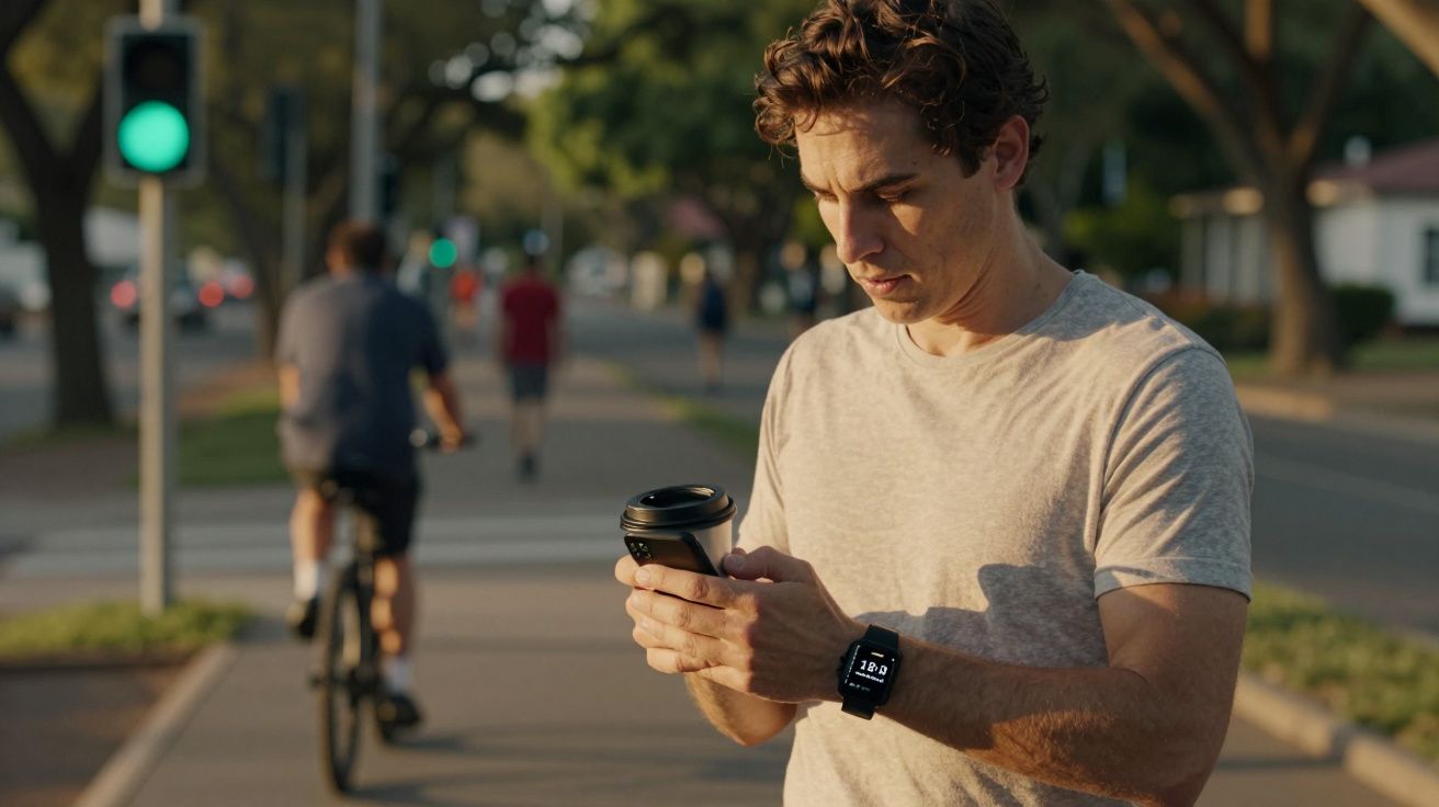 Homem observando smartwatch enquanto segura copo de café na rua, com ciclista e pedestres ao fundo.