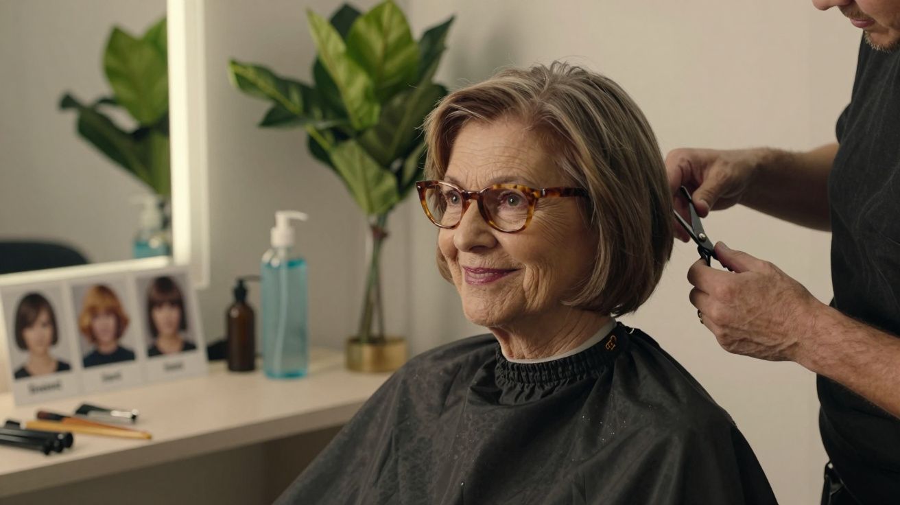 Mulher idosa sorri enquanto cabeleireiro corta o cabelo em salão com plantas e espelho ao fundo.