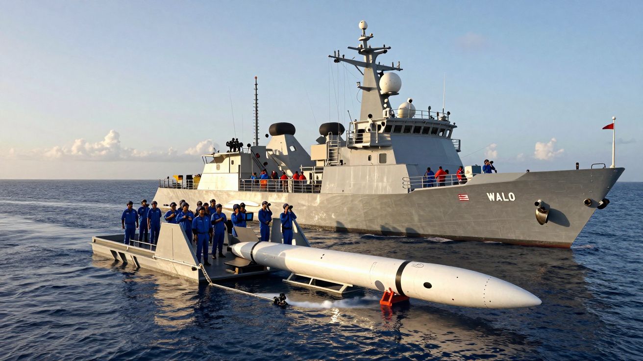 Navio militar "Walo" no mar com tripulação vestindo azul, ao lado de um míssil sobre uma plataforma flutuante.