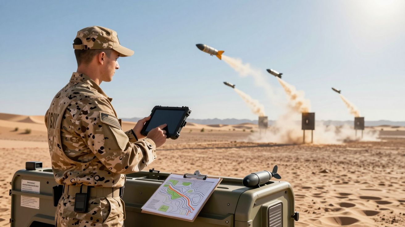 Soldado opera tablet enquanto mísseis são lançados no deserto, mapa sobre mesa.