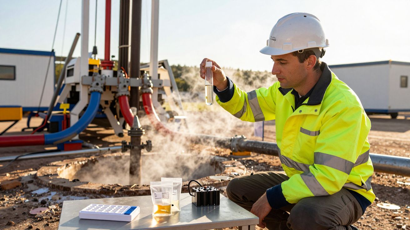 Homem com capacete e colete de segurança analisa amostra num tubo de ensaio em campo aberto, perto de equipamento industrial.