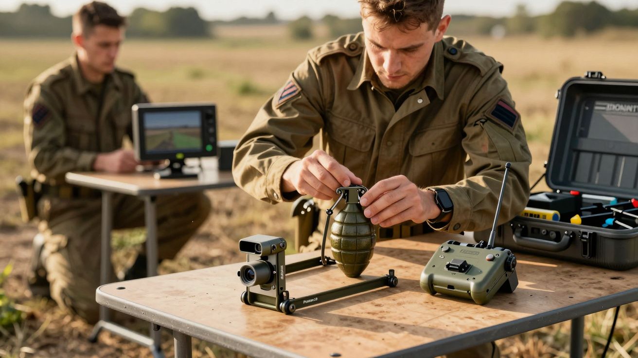 Soldados em uniformes verdes montam equipamento em mesas ao ar livre, com campo ao fundo.