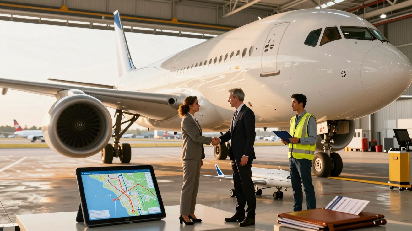 Pessoas a apertar as mãos em frente a um avião num hangar, com tablet mostrando mapa e homem de colete refletor ao lado.