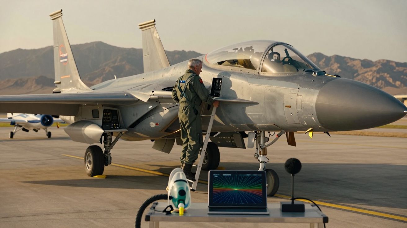 Piloto em escada ao lado de jato cinzento na pista, montanhas ao fundo, equipamento em primeiro plano.