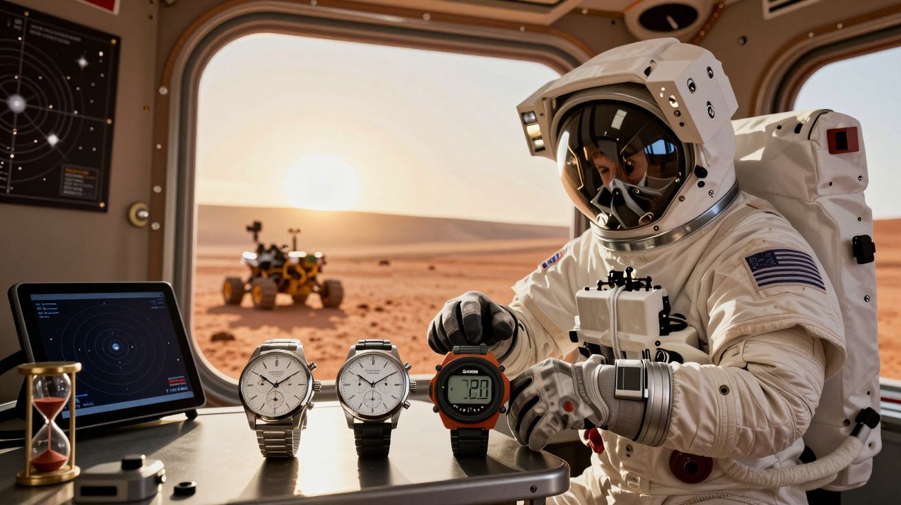 Astronauta com fato espacial ajusta relógio numa mesa em Marte, com um rover ao fundo e o Sol a nascer.