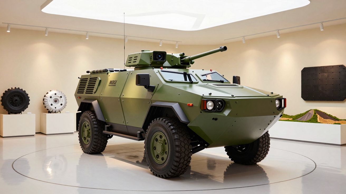 Veículo blindado verde exposto em museu, equipados com canhão, luzes e pneus robustos.