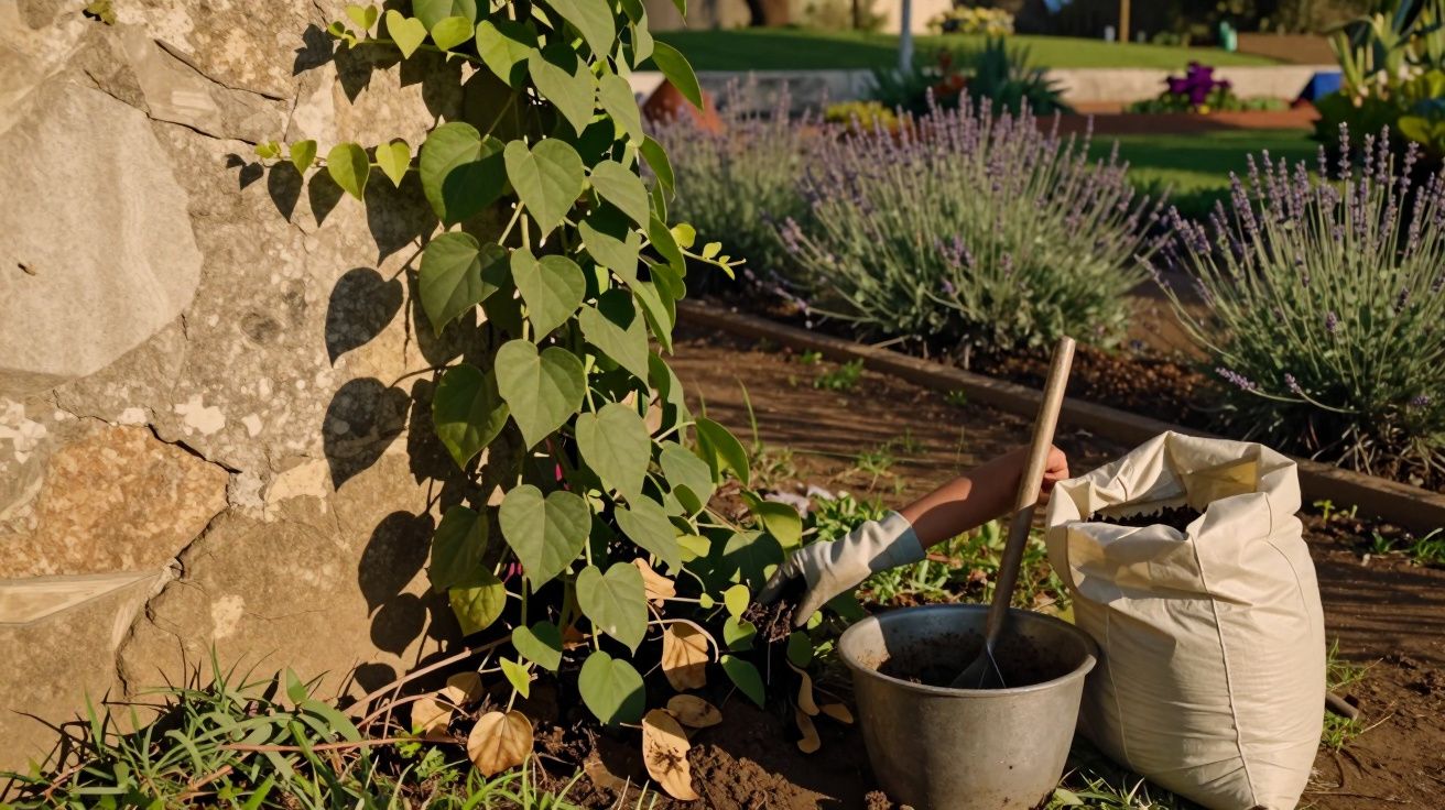 Pessoa a plantar ao lado de uma parede, com vassoura, balde e saco de terra. Arbustos em flor no fundo.
