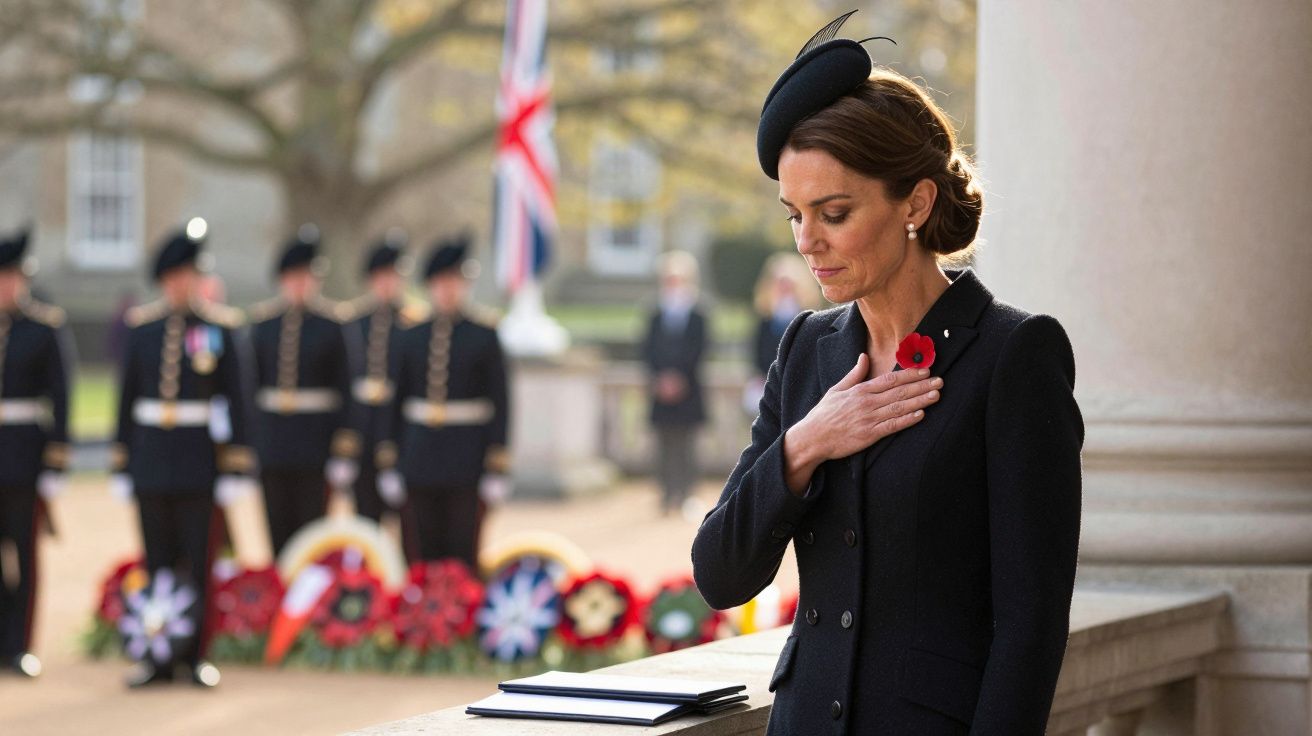 Mulher de preto, com chapéu e flor vermelha no peito, em cerimónia militar com guardas e coroas de flores ao fundo.