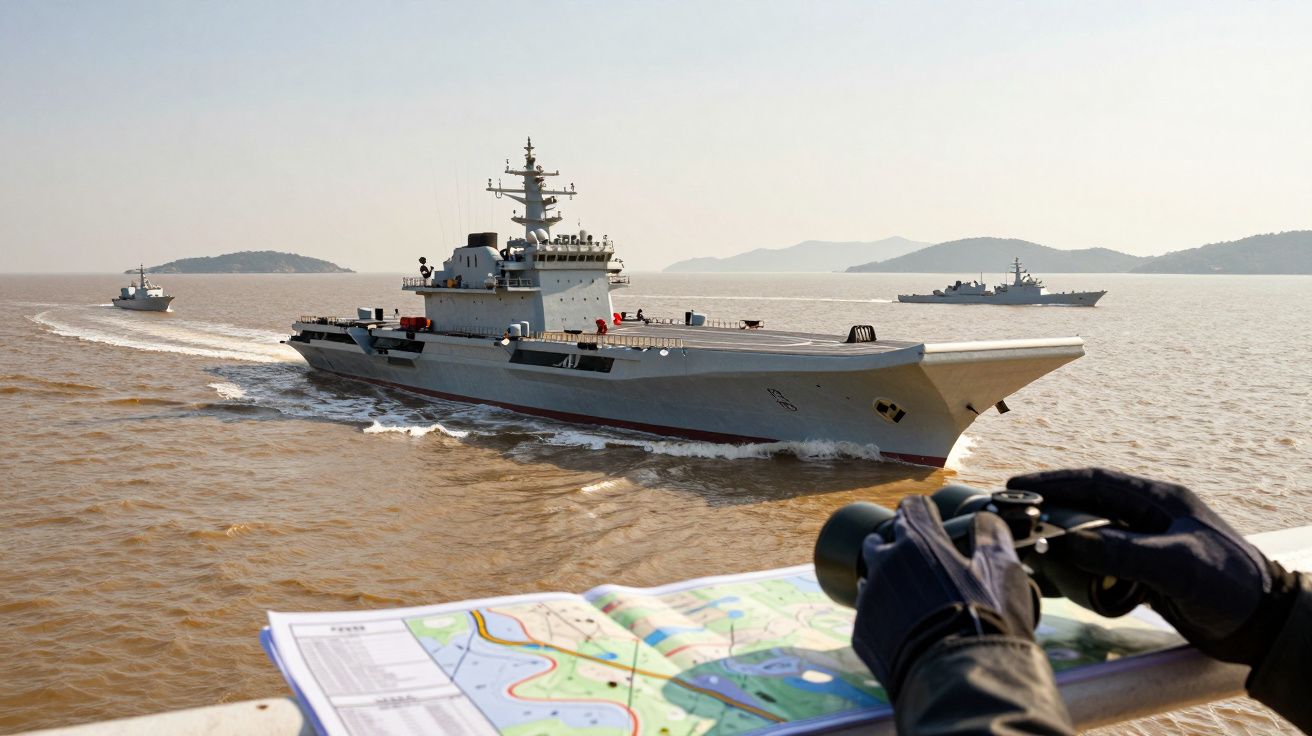 Navios militares a navegar, vistas de uma ponte de comando com mapa e binóculos em primeiro plano, mar e ilhas ao fundo.