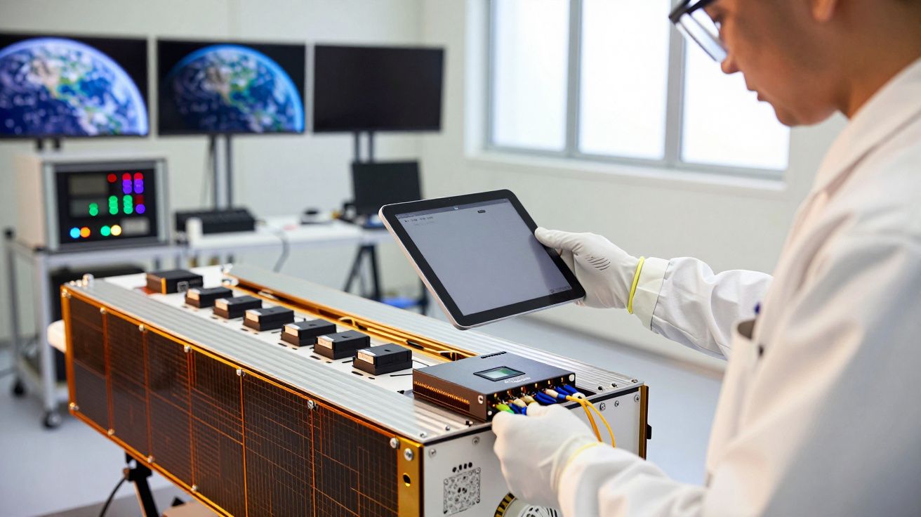 Cientista analisa painel eletrônico com tablet em laboratório moderno, telas mostram imagens da Terra ao fundo.