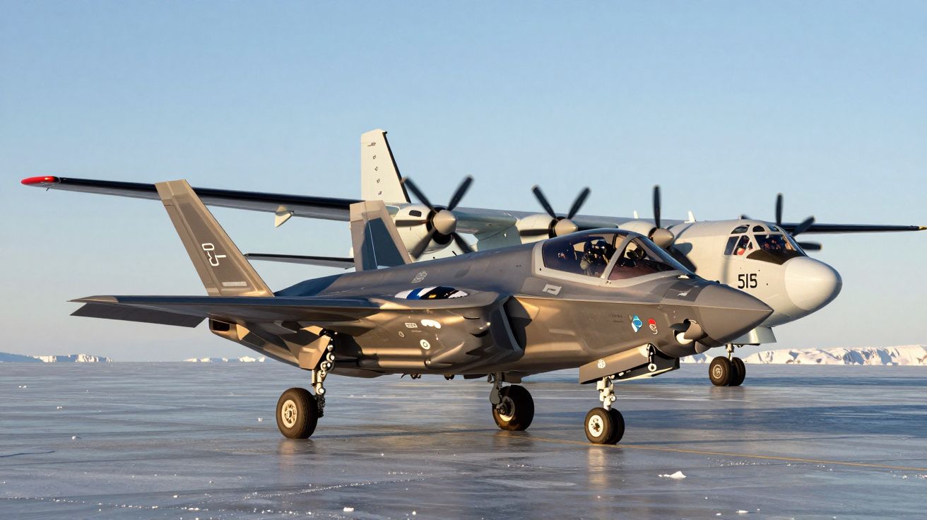 Dois aviões estacionados numa pista gelada, um jato cinza e um avião de hélice branco, sob céu azul.