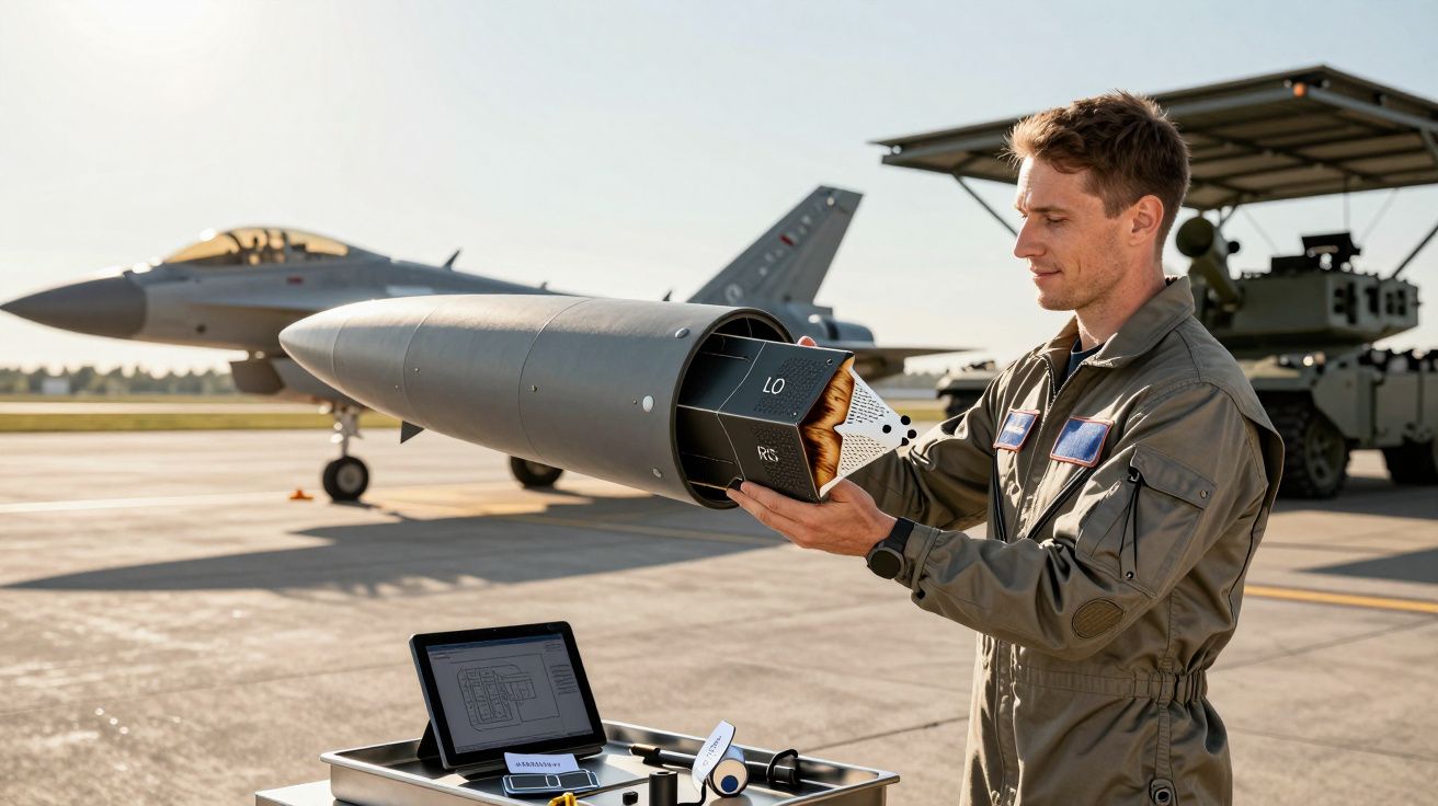 Piloto analisa equipamento eletrónico junto a um caça a jato em base aérea, com laptop sobre mesa próxima.