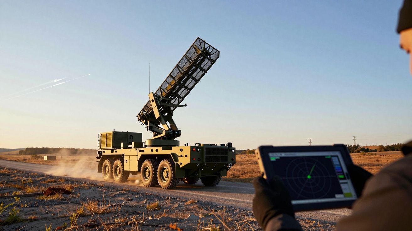 Veículo militar com lançador de mísseis, controlado remotamente por dispositivo tablet em estrada deserta ao entardecer.