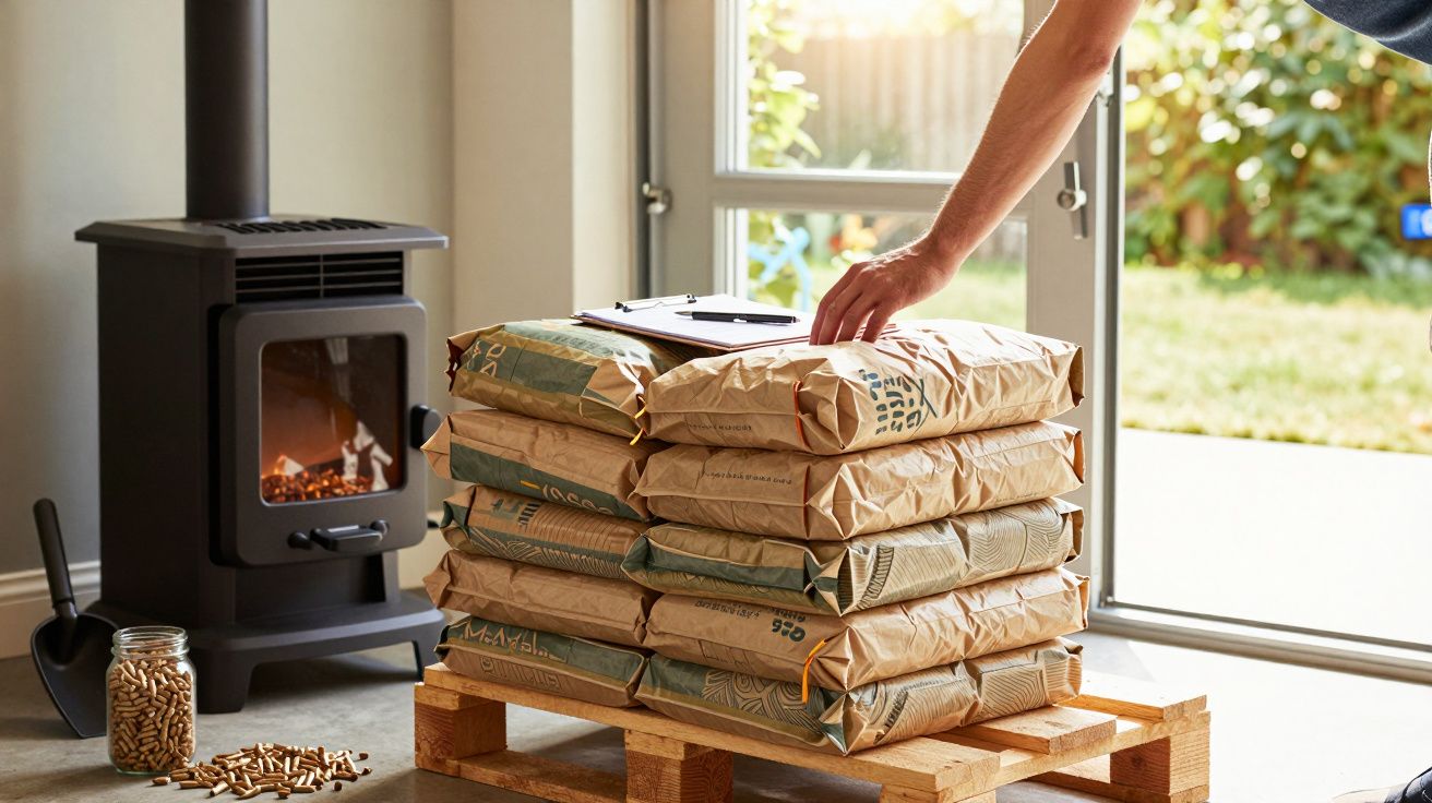 Pilha de sacos de pellets de madeira ao lado de uma lareira acesa, com mão ajustando estrutura em palete.