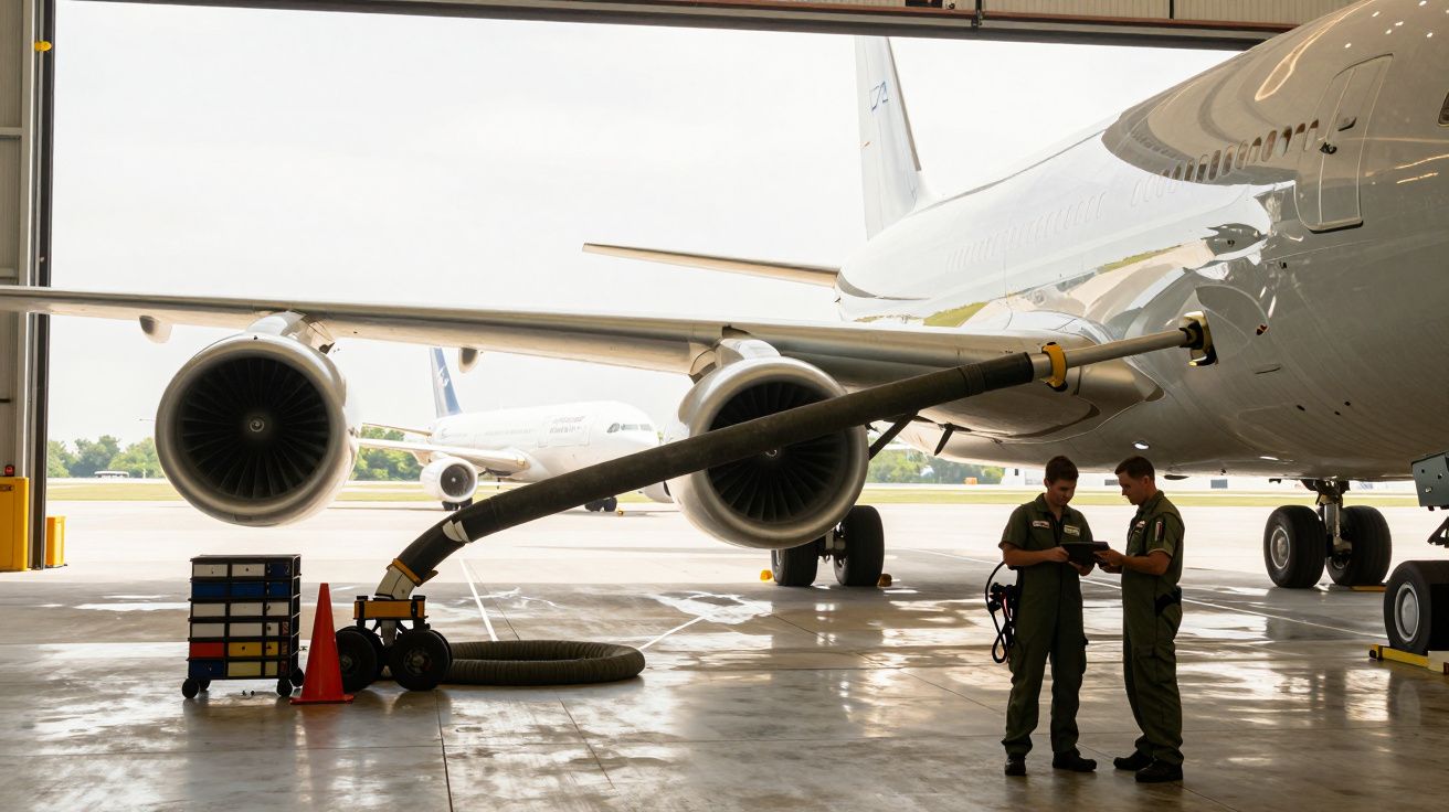 Dois técnicos junto a um avião num hangar, verificando equipamento de abastecimento. Outro avião visível ao fundo.