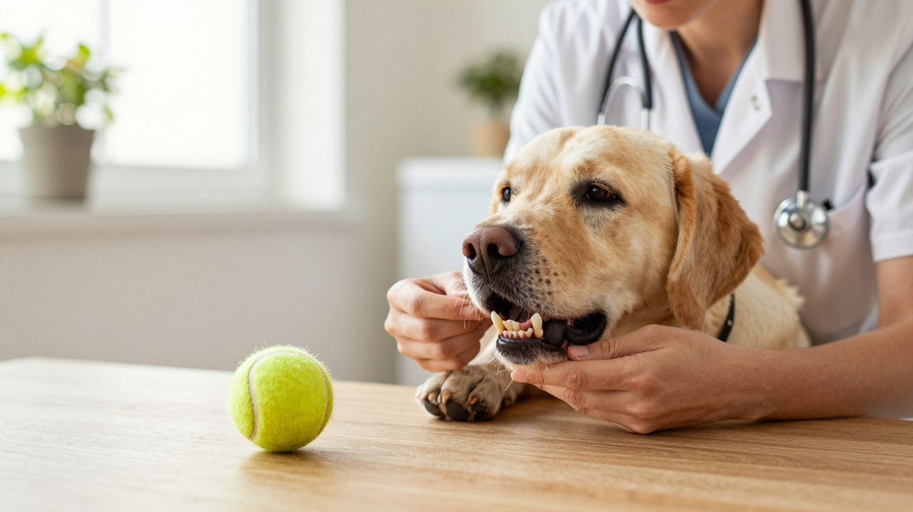 Veterinário examina os dentes de um cão Labrador sobre uma mesa com uma bola de ténis.