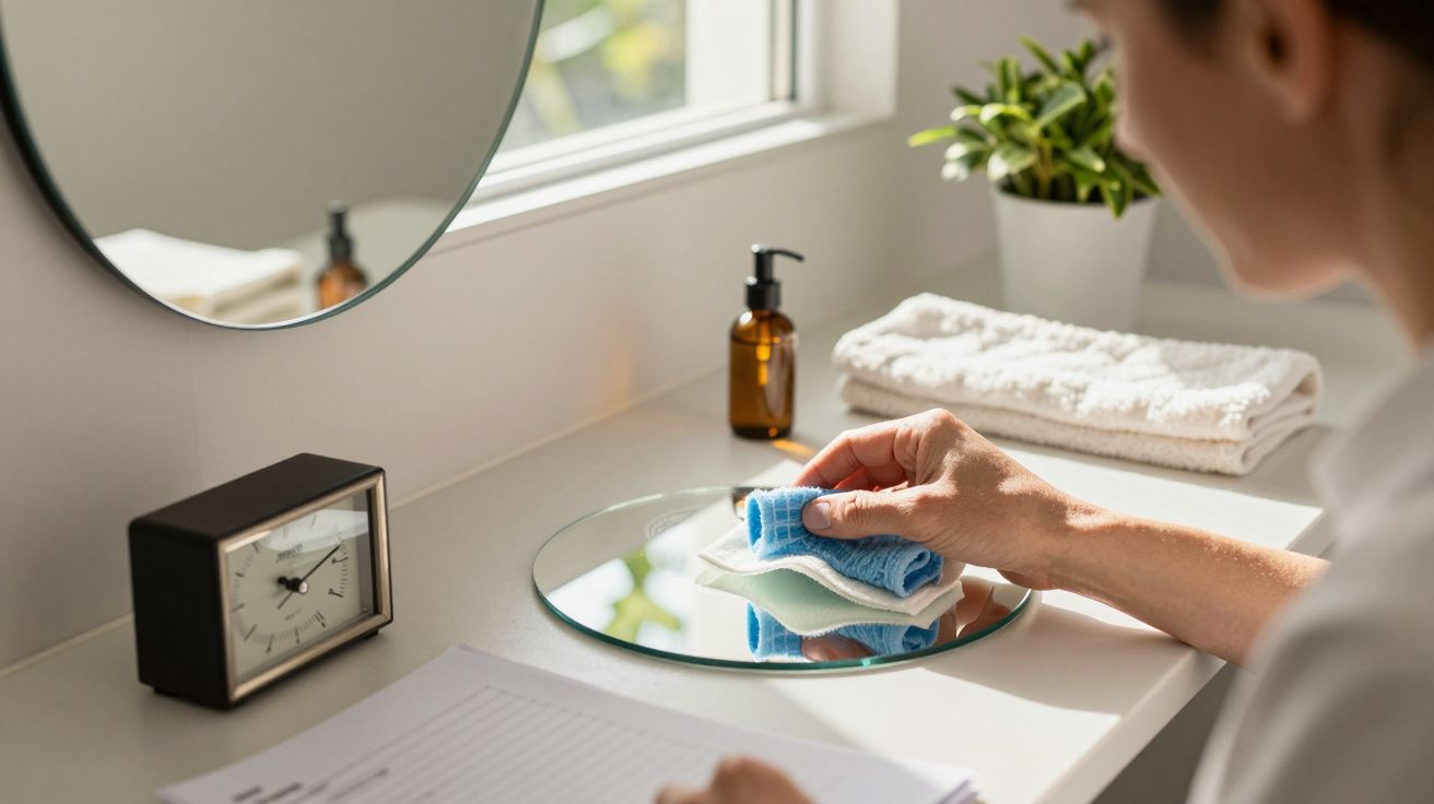 Pessoa limpa espelho com pano azul numa casa de banho iluminada. Há toalhas, planta, relógio e frasco no balcão.