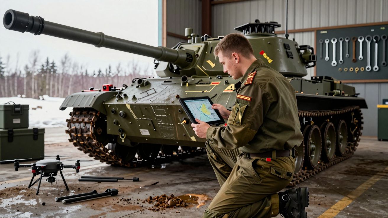 Soldado de uniforme opera tablet em frente a tanque militar em hangar, com drone e ferramentas no chão.