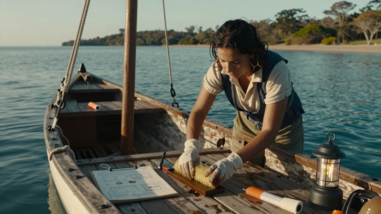 Mulher a trabalhar num barco de madeira, analisando uma amostra. O barco está ancorado perto da margem com árvores ao fundo.