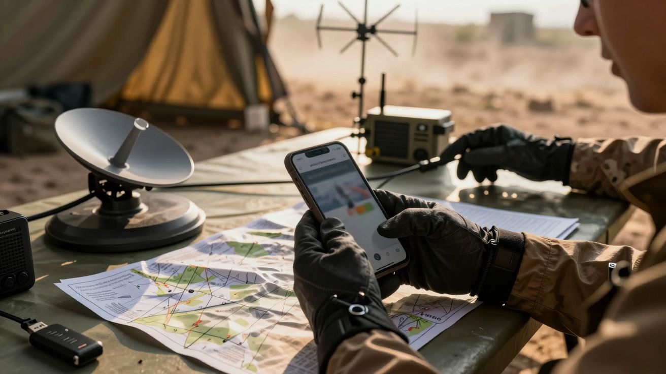 Pessoa com luvas usa smartphone e rádio numa mesa com mapas e antena, em ambiente de campo.