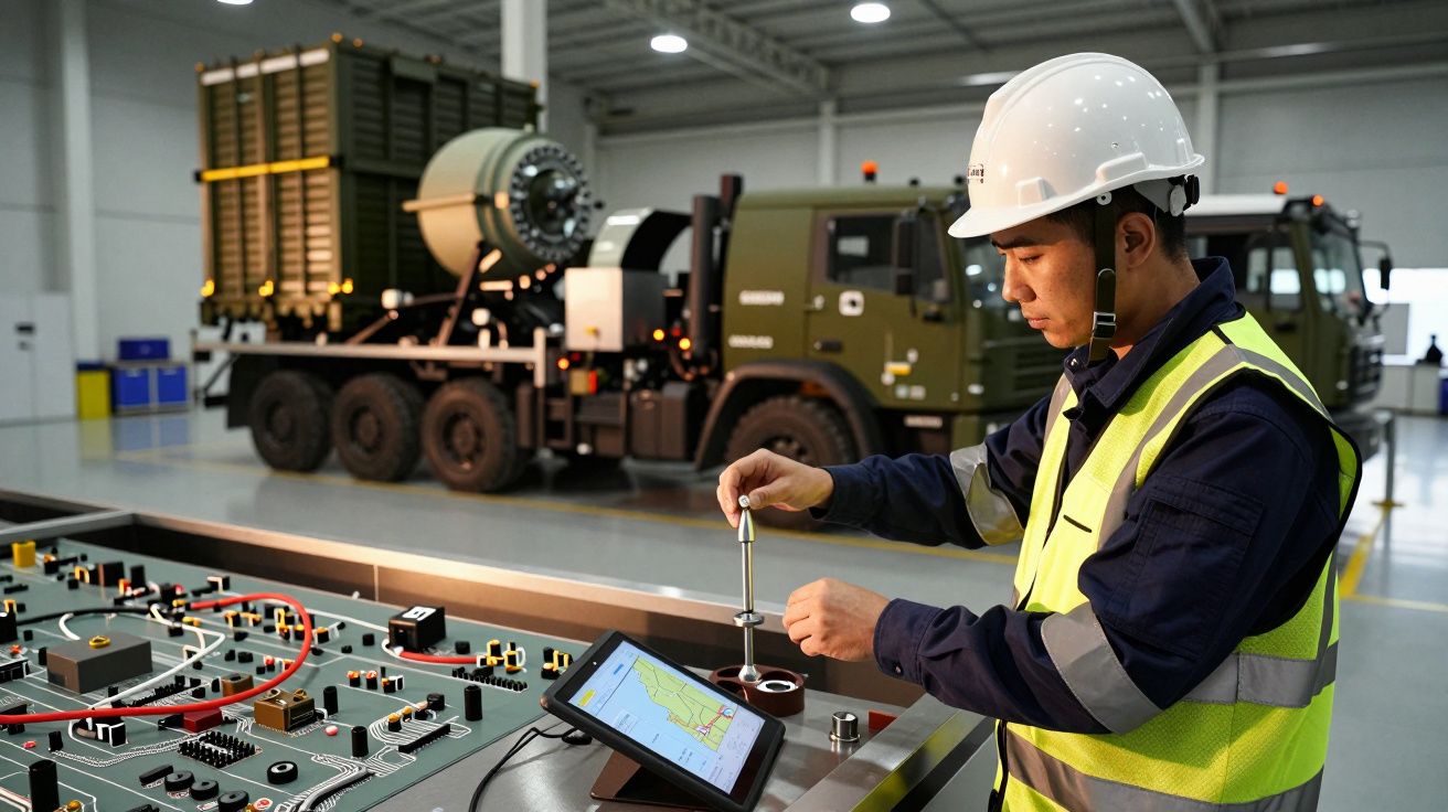 Técnico com capacete ajusta painel de controle em uma fábrica, com caminhão militar em segundo plano.