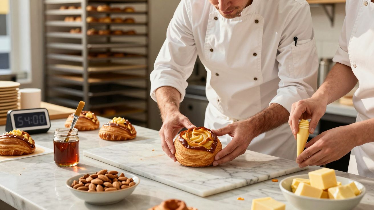 Chefs confeitam croissants com creme numa padaria, cercados por ingredientes como amêndoas e manteiga.