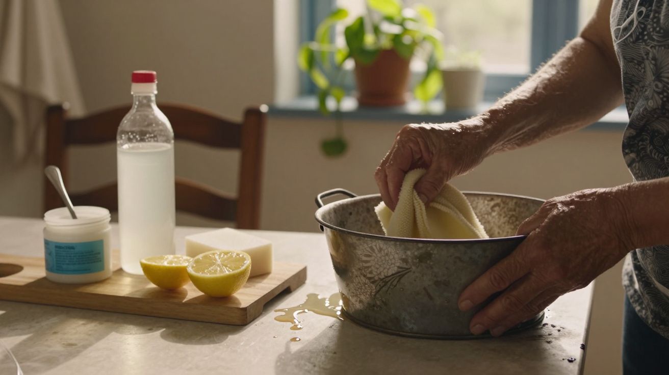 Pessoa a limpar panela com esponja numa cozinha; limões, vinagre e sabão em barra ao lado.