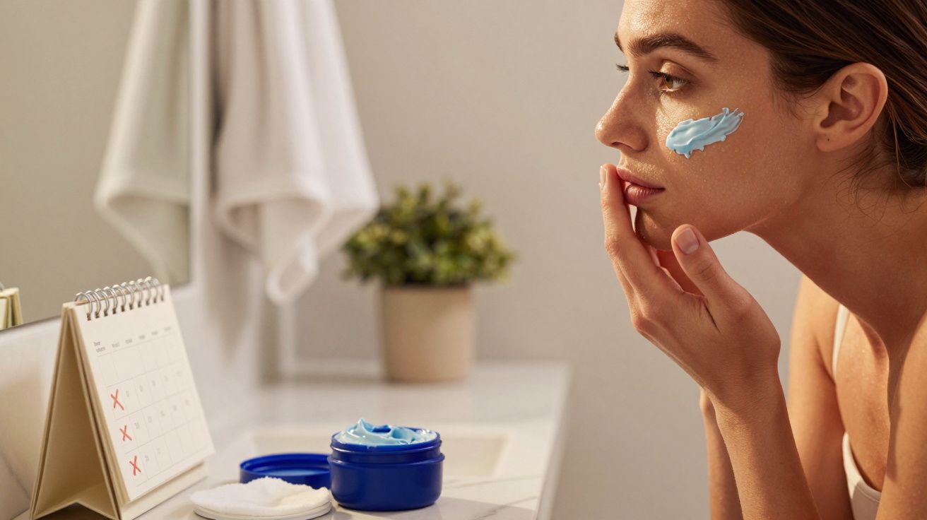 Mulher aplica creme azul no rosto diante de um espelho, com toalhas e calendário ao fundo.